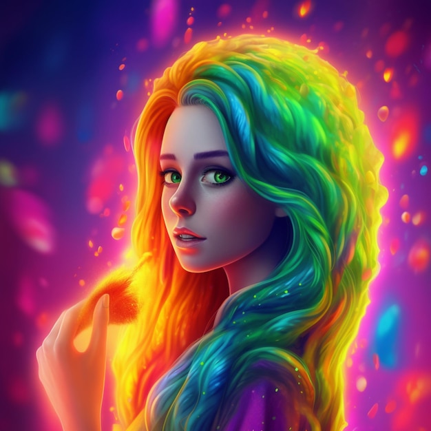 A close up of a woman with long hair and a rainbow colored wig generative ai