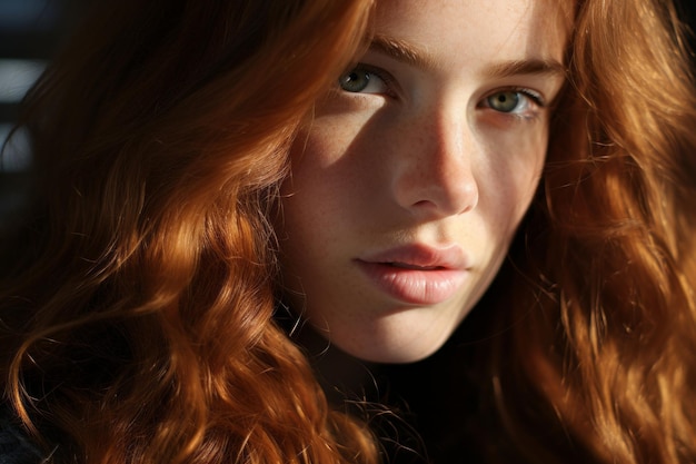 a close up of a woman with long red hair