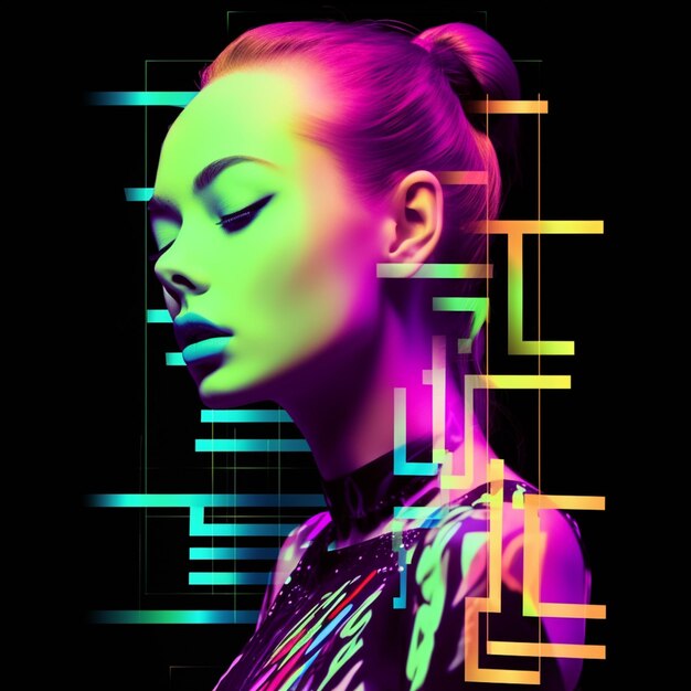 a close up of a woman with a neon makeup and a neon dress generative ai