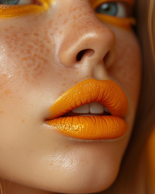 Foto close up di una donna con il rossetto arancione