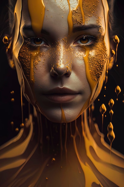 Photo a close up of a woman with paint on her face honeycomb background character is covered in liquid ai generated