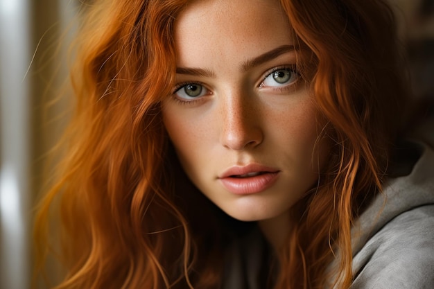 Close up of woman with red hair and blue eyes Generative AI