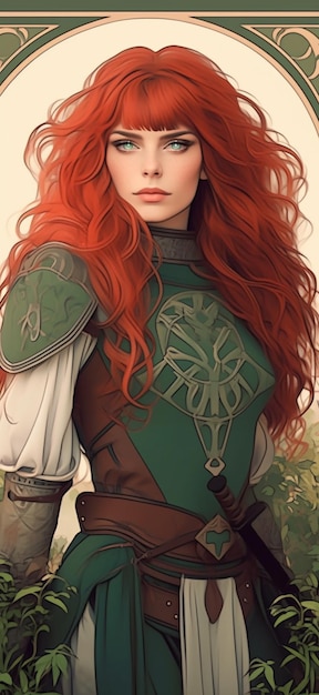 a close up of a woman with red hair and a green dress generative ai