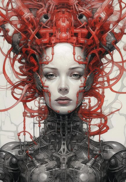 Photo a close up of a woman with red hair and a robot like head generative ai