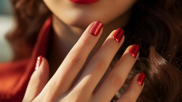 A close up of a woman with red nail polish