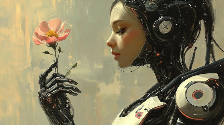 Photo close up of a woman with a robot and a blooming flower in her hand ai generated image
