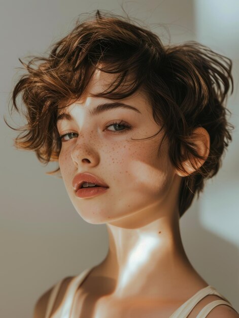 a close up of a woman with short hair