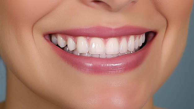 close up of woman with smile and teeth on blue background dental clinic concept