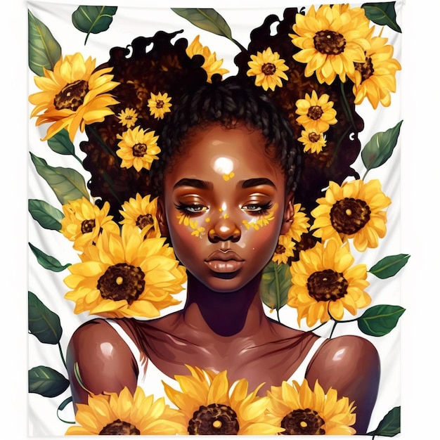 A close up of a woman with sunflowers on her head generative ai
