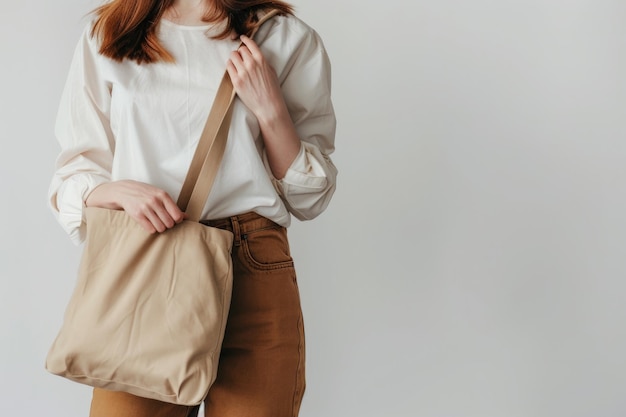 Close up of woman with tote bag mockup on white studio background