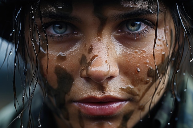 a close up of a woman with water on her face