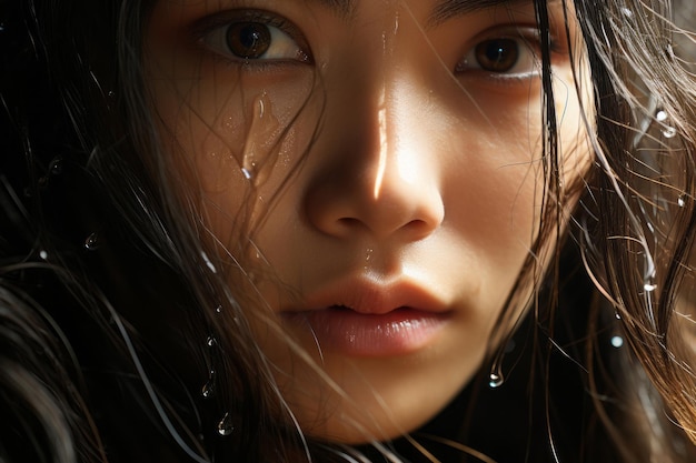 a close up of a woman with wet hair