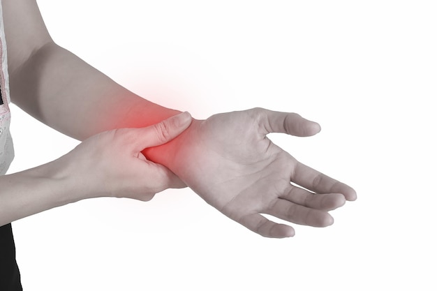 close-up of woman with wrist pain over white background