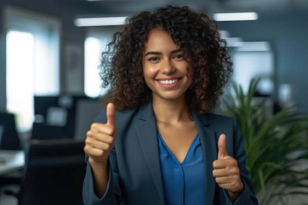 Close up of a woman at work smiling with a thumb up