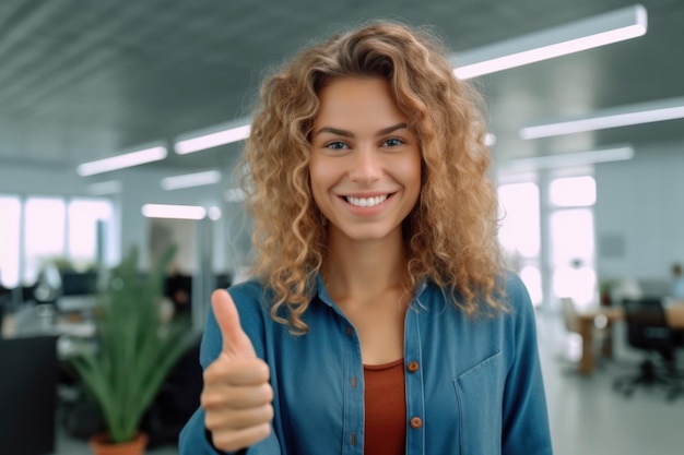 Close up of a woman at work smiling with a thumb up