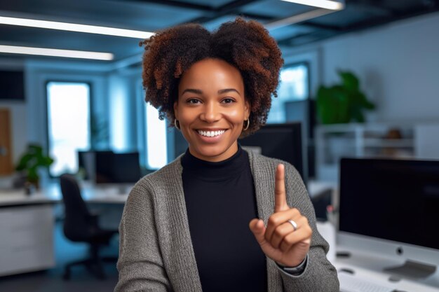 Close up of a woman at work smiling with a thumb up