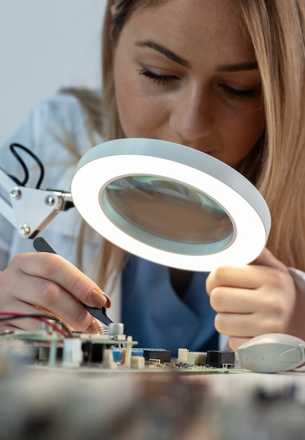 Photo close up woman working with tweezers