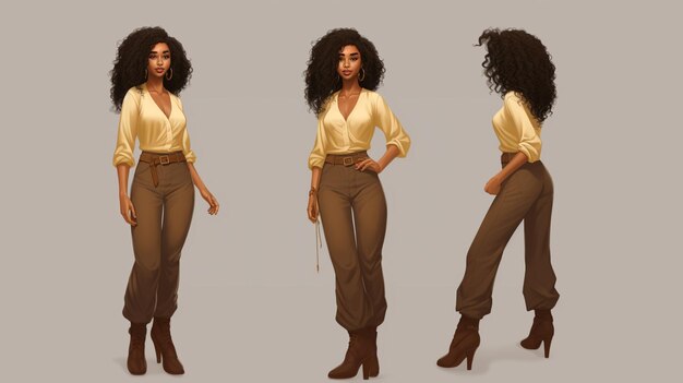 a close up of a woman in a yellow shirt and brown pants generative ai