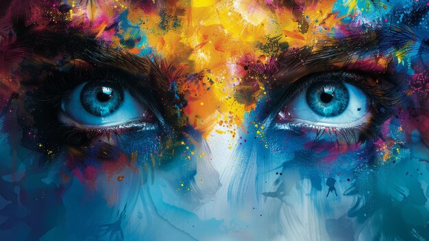 Close up of womans blue eyes with multicolor paint splashes