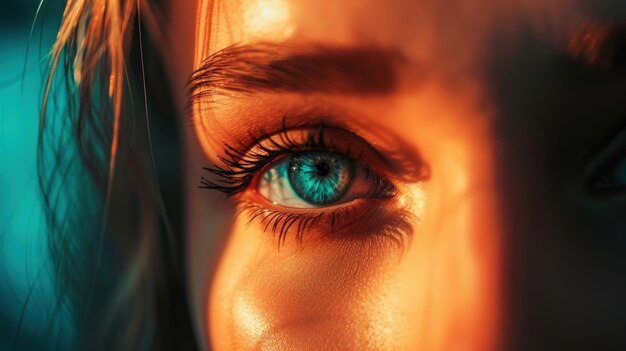 Photo close up of womans blue eyes