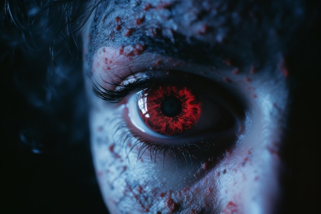 a close up of a womans eye with blood on it