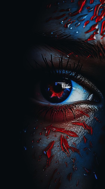 a close up of a womans eye with blood splattered on it