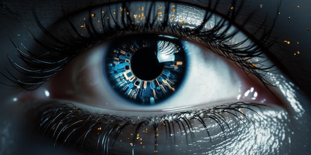 a close up of a womans eye with blue iris