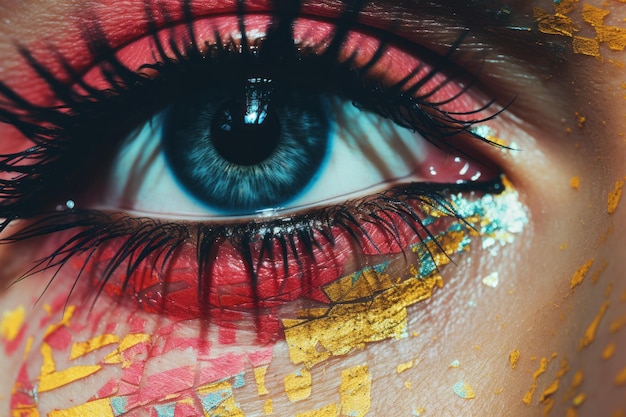 a close up of a womans eye with colorful paint on it