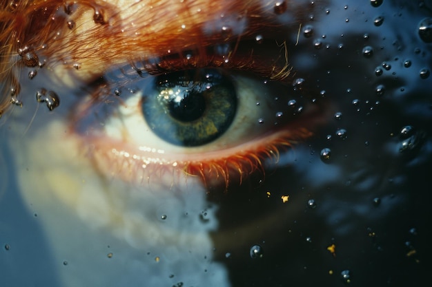 a close up of a womans eye with water droplets on it