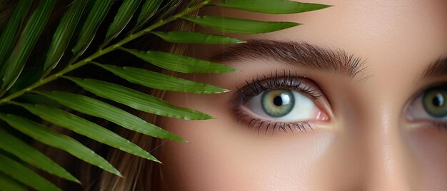 Photo a close up of a womans eyes with a green plant