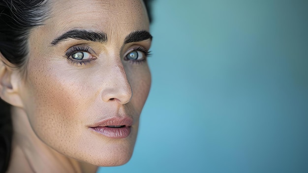 Foto un primo piano del volto di una donna con gli occhi azzurri