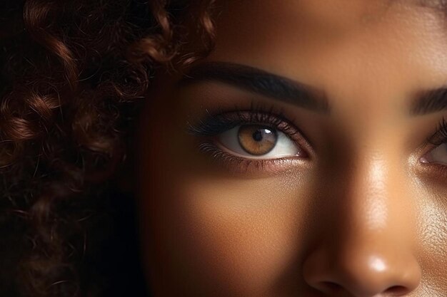 Photo a close up of a womans face with a brown eye and a black background