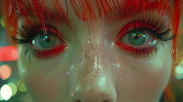 緑の目と赤いの女性の顔のクローズアップ