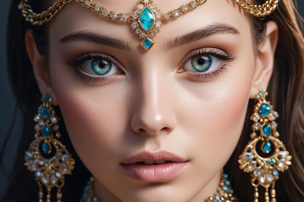 A close up of a womans face with a lot of jewelry generative ai