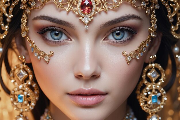 A close up of a womans face with a lot of jewelry generative ai