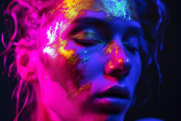 a close up of a womans face with neon paint on her face