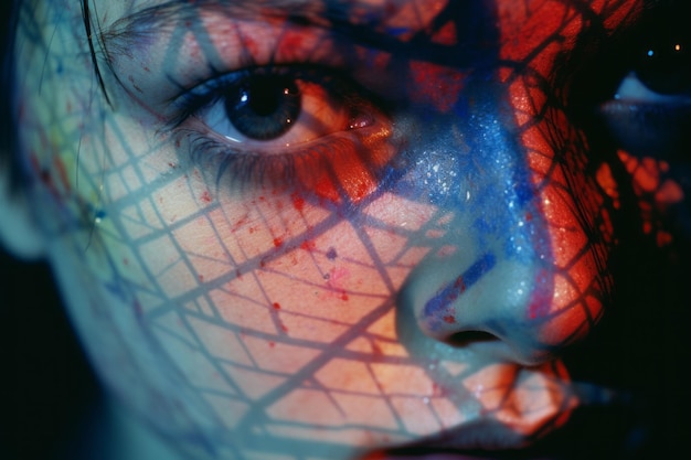 a close up of a womans face with paint on it