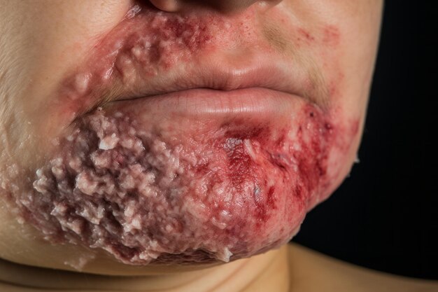 a close up of a womans face with a rash on her face