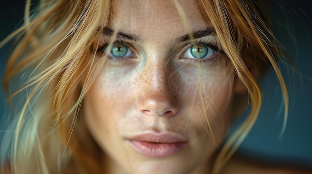 Close up of a womans face with striking blue eyes