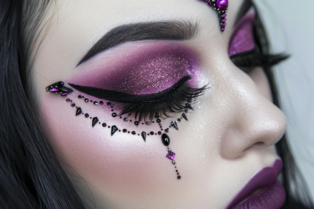 Close up of Womans Face with Vibrant Purple Eye Makeup and Glamorous Rhinestones for Fashion and