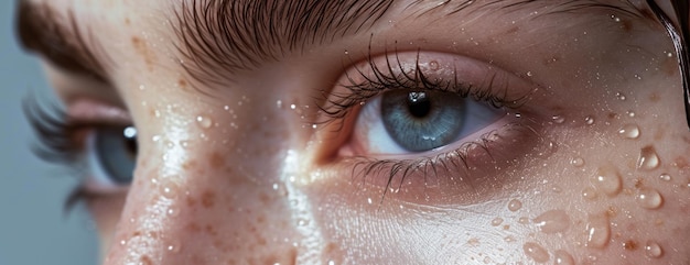 Foto close up del viso di una donna con gocce d'acqua sugli occhi