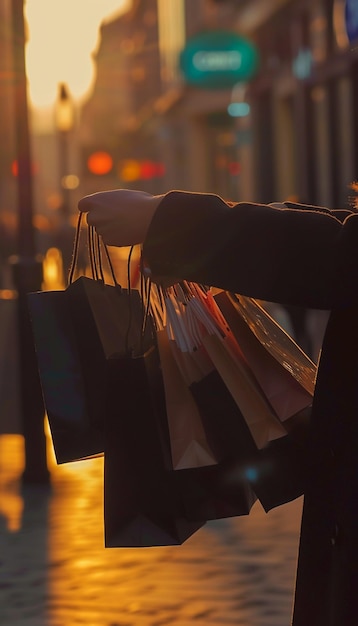 Photo close up of a womans hand hold out black and white shopping bags young woman with packages after shopping at sunset purchases black friday discounts sale concept