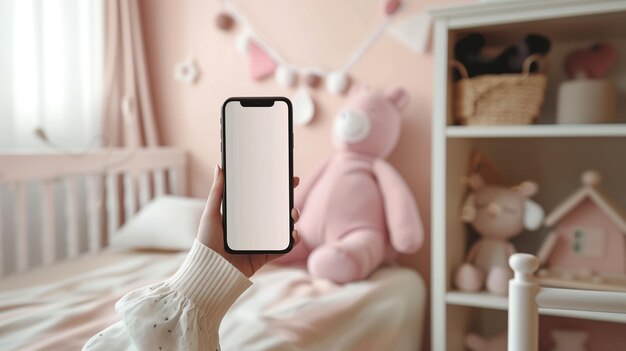 Foto close-up della mano di una donna che tiene uno smartphone con un modello vuoto bianco sullo sfondo della stanza dei bambini