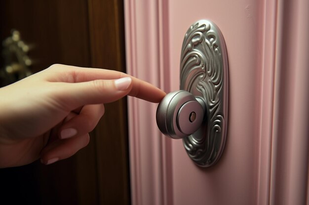 Photo close up of a womans hand opening a door knob at home