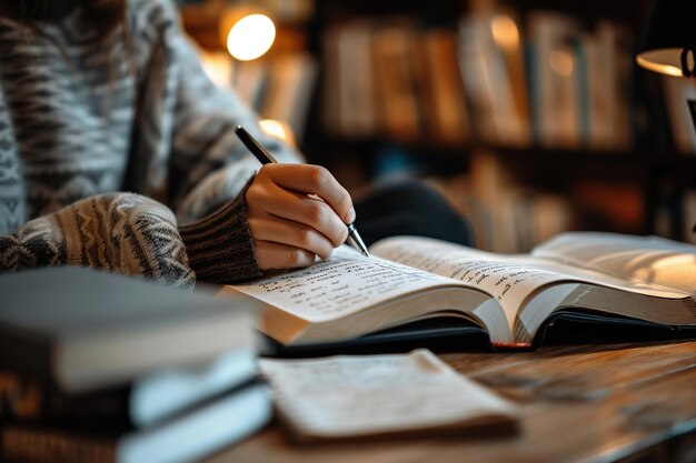 Close up of a womans hand writing on a book while sitting at a table in a library