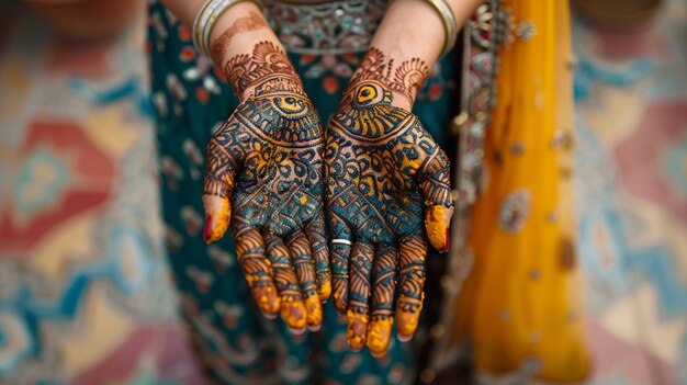 Photo a close up of a womans hands with henna painted on them generative ai