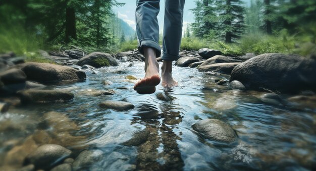 Photo close up of a womans legs running through a mountain stream