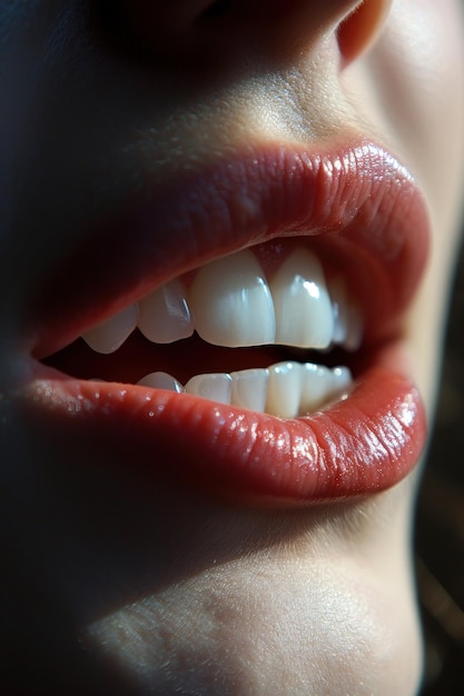 Close up of a womans lips and teeth