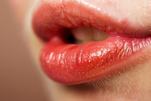 Photo close up of womans lips with red lipstick