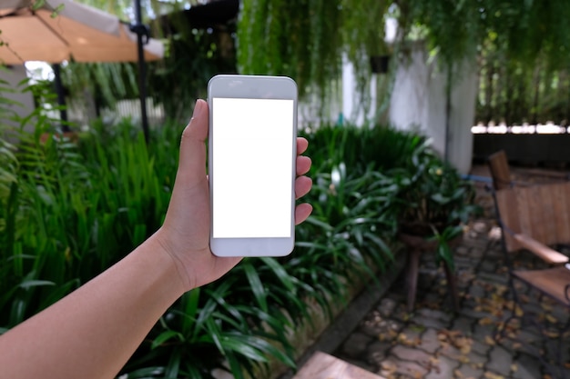 Close up of women's hands holding cell telephone blank copy space screen. smart phone with technology concept